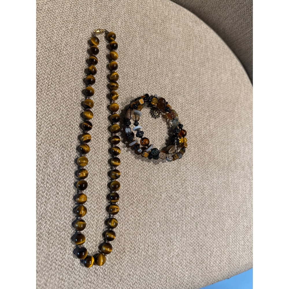 Vintage Tiger Eye Necklace & Beaded Bracelet Set 18" Barrel Clasp Sun Charm Boho